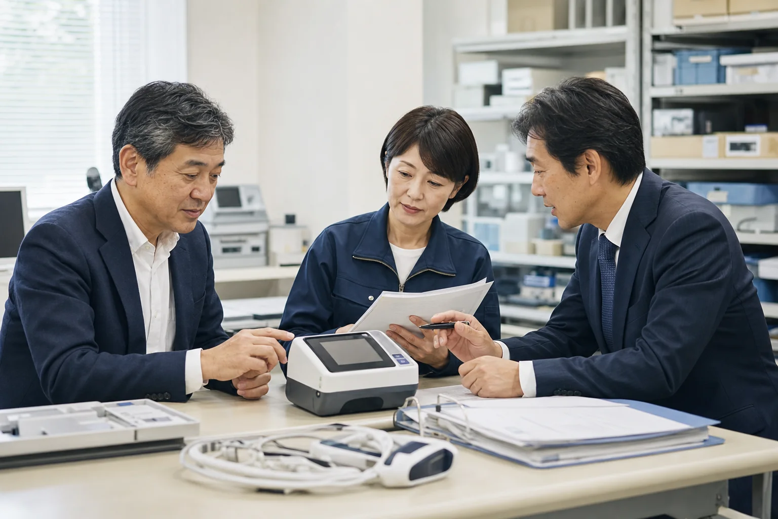 医療機器事業の経営者、品質責任者、承継担当者が管理文書を確認する様子