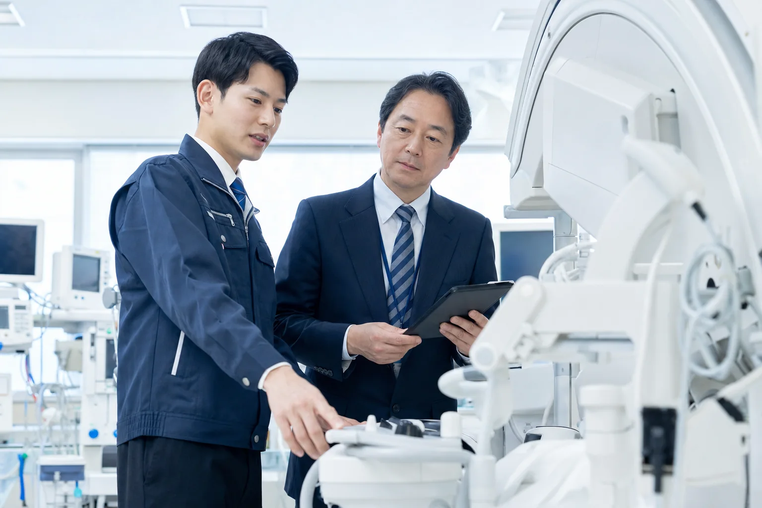 医療機器を前に保守・供給の引継ぎを確認するサービス担当者と経営者